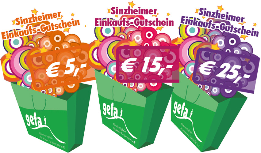 Gefa Gutscheine Grafische Darstellung von drei Einkaufstaschen als Symbol für die GEFA-Gutscheine im Wert von fünf, fünfzehn und fünfundzwanzig Euro