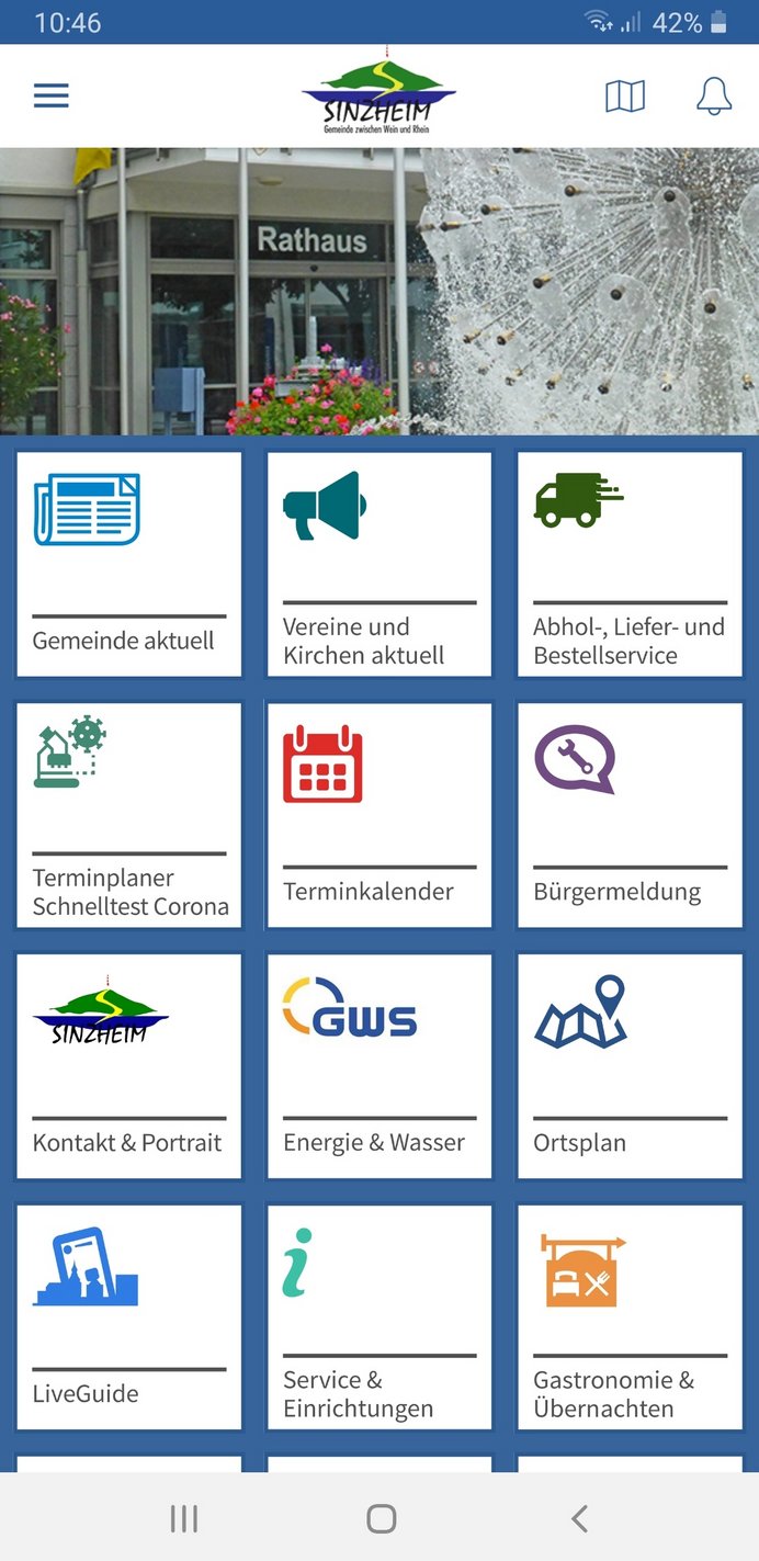 Screenshot der Sinzheim-App auf einem Smartphone