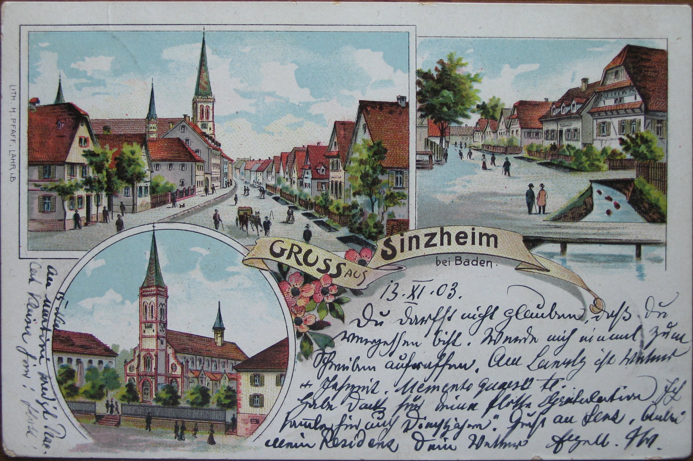 Historische, gezeichnete Ansichtskarte aus Sinzheim