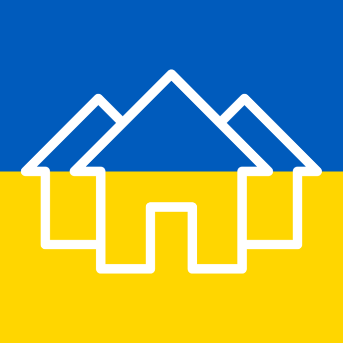 Ukrainische Flagge mit Häuser-Symbol