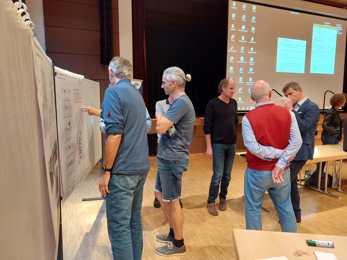 Teilnehmer:innen diskutieren vor einer Stellwand bei der Bürgerwerkstatt zum Radverkehrskonzept